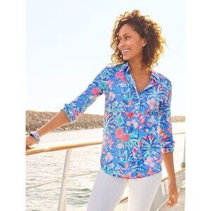 Talbots Womens XL Ratti Tropical Print Cotton Button Down Shirt Blue Pineapple